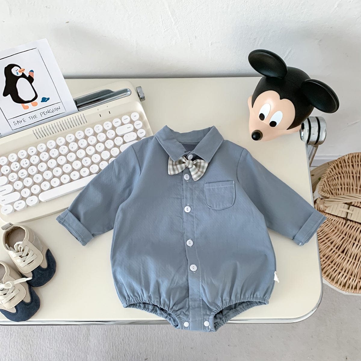 長袖ロンパース チェック柄蝶ネクタイ付き長袖ロンパースYシャツ風ベビーフォーマル【mh0010920】