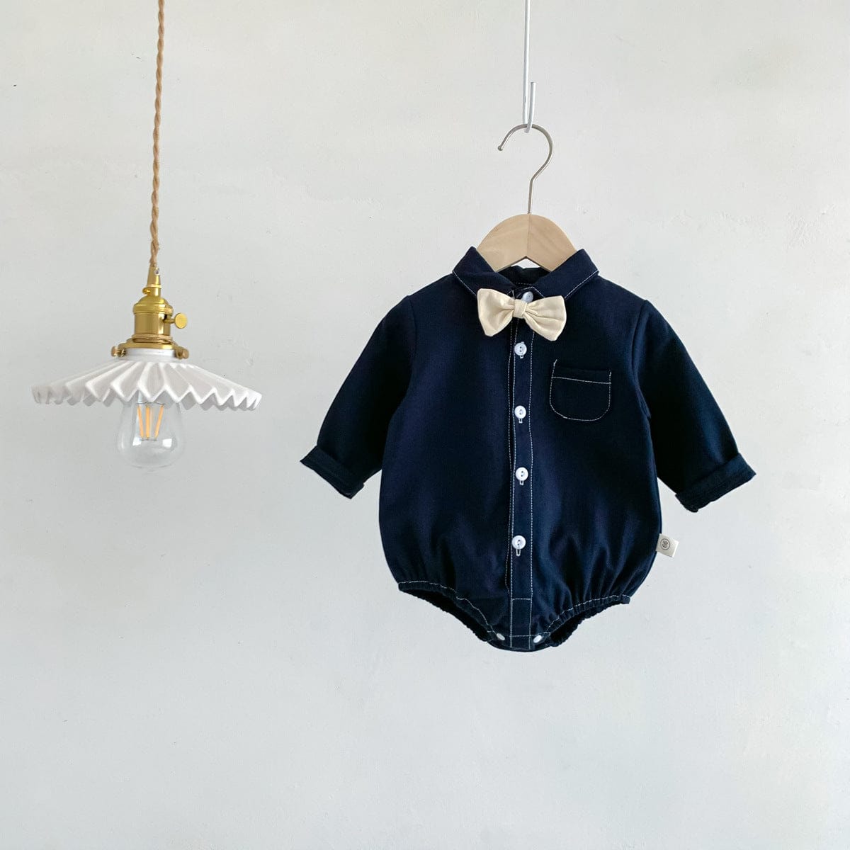 長袖ロンパース チェック柄蝶ネクタイ付き長袖ロンパースYシャツ風ベビーフォーマル【mh0010920】