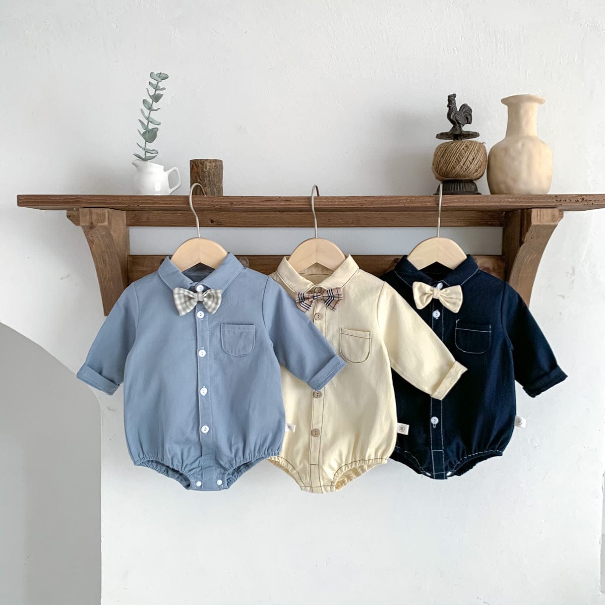 長袖ロンパース チェック柄蝶ネクタイ付き長袖ロンパースYシャツ風ベビーフォーマル【mh0010920】