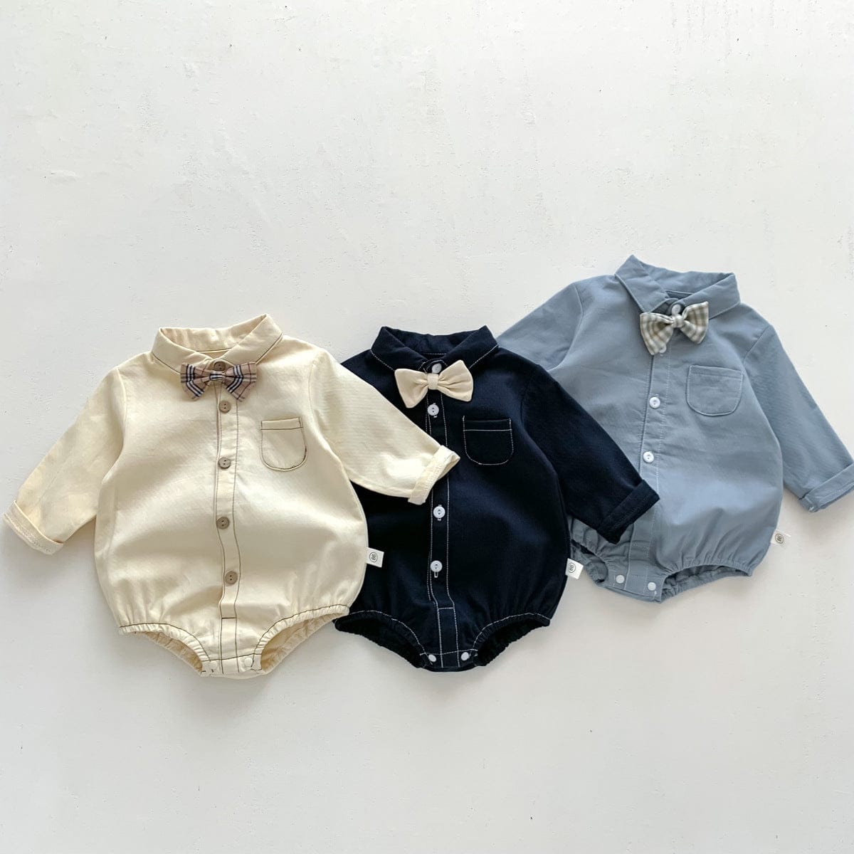 長袖ロンパース チェック柄蝶ネクタイ付き長袖ロンパースYシャツ風ベビーフォーマル【mh0010920】