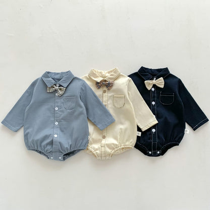 長袖ロンパース チェック柄蝶ネクタイ付き長袖ロンパースYシャツ風ベビーフォーマル【mh0010920】