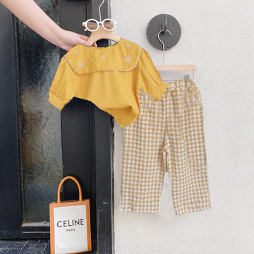 半袖セットアップ Yellow / 100cm キッズセットアップ 2点セット 半袖刺繍襟ブラウス+チェックワイドルーズパンツ 2カラー【mh0006133】
