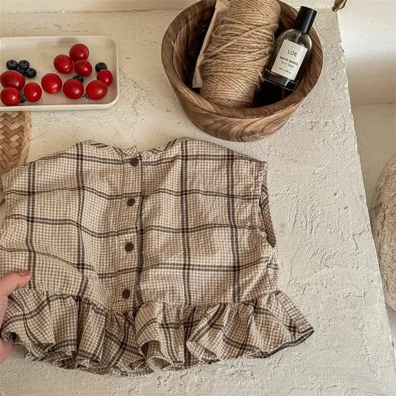 タンクトップ・キャミソール・ノースリーブトップス yellow / 12M  80cm キッズトップス ノースリーブペプラムフリルブラウス チェック 2カラー