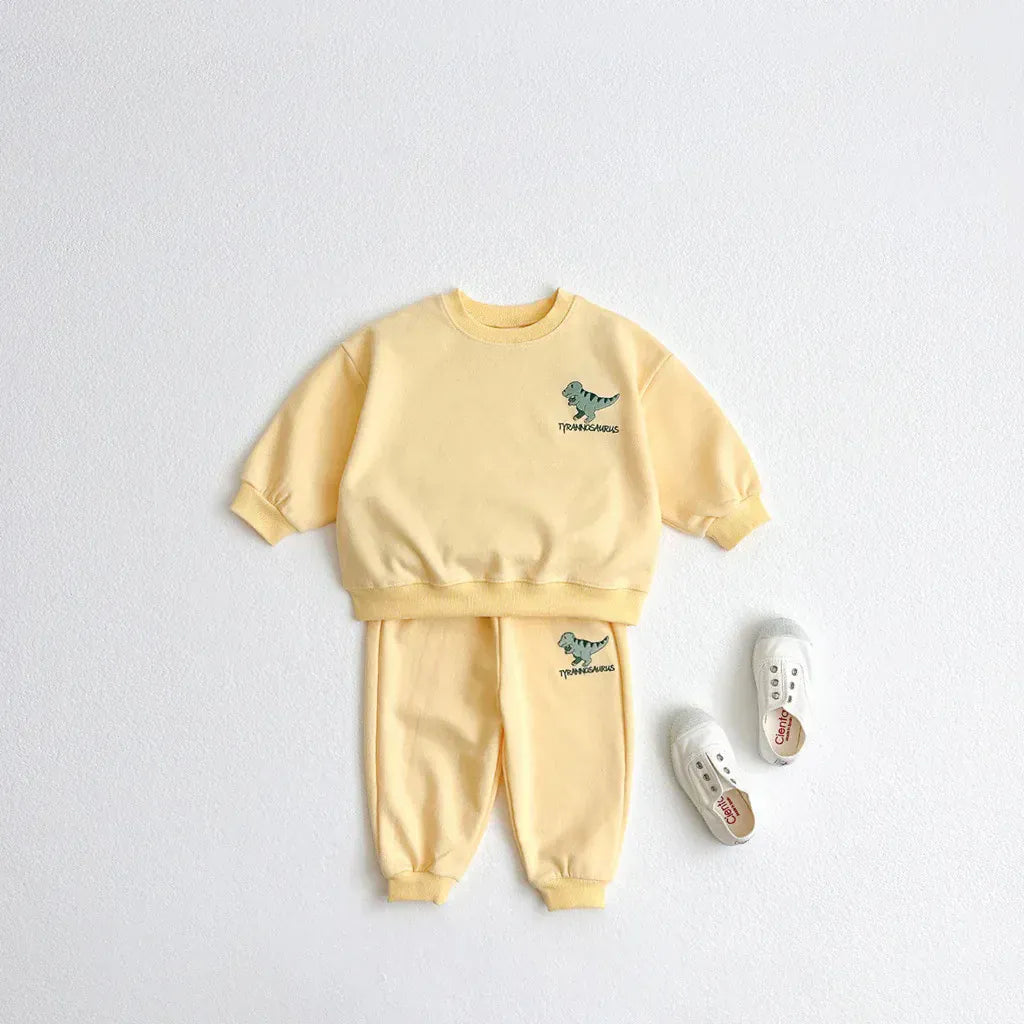 長袖セットアップ yellow / 12M  80cm キッズセットアップ 2点セット スウェットシャツ+スウェットパンツ 恐竜ダイナソーワンポイント 3カラー