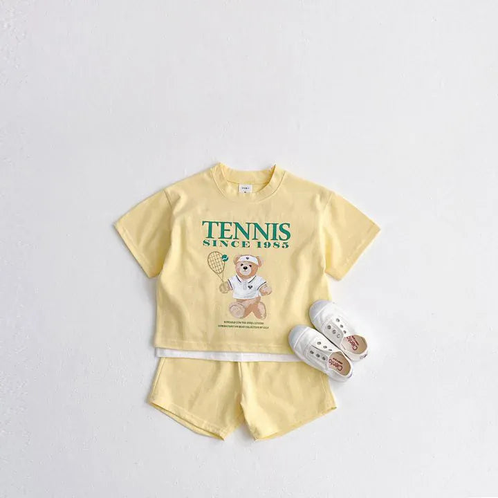 半袖セットアップ yellow / 12M  80cm キッズセットアップ 2点セット 半袖プリントTシャツ+ショートパンツ ベアくまテニス 3カラー