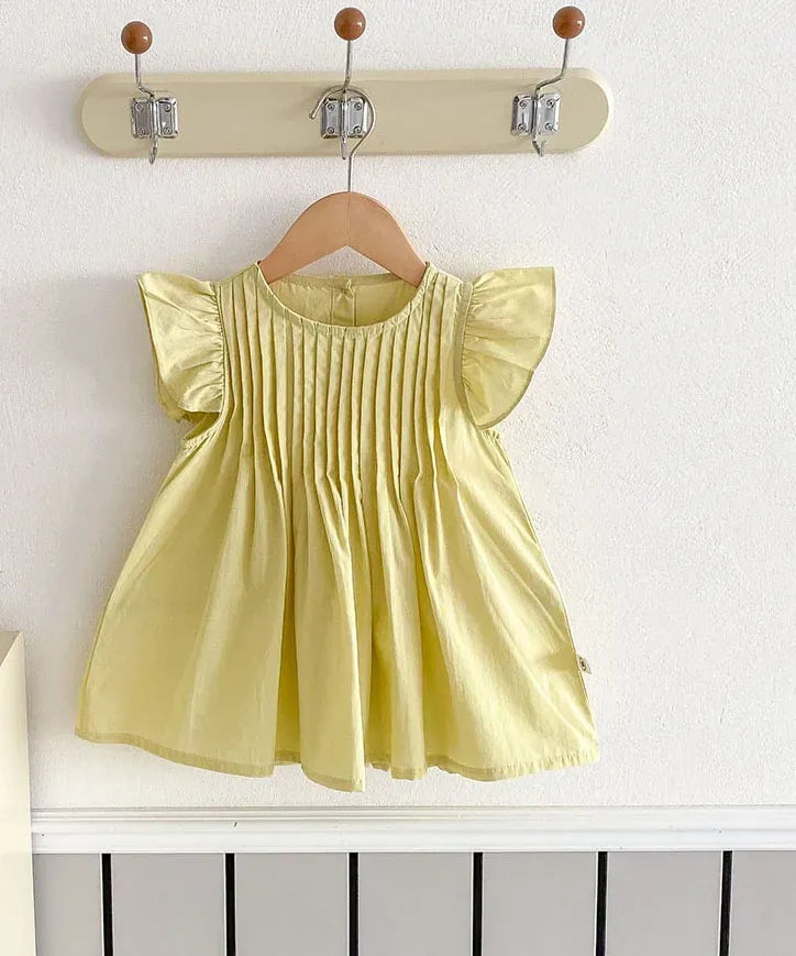 半袖ワンピース Yellow / 12M 80cm キッズワンピース フリルスリーブ ピンタック サマードレス 3カラー【mh0005895】