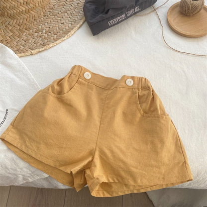 ハーフパンツ・ショートパンツ yellow / 18M/80cm キッズ シンプル ベーシック ダブルボタン ルーズ ショートパンツ イエロー ネイビーブルー ユニセックス