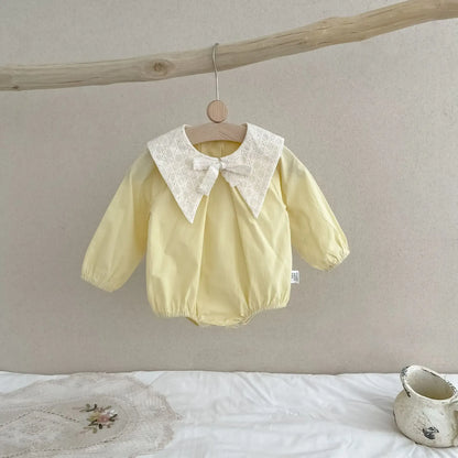 長袖ロンパース Yellow / 24M  90CM ベビーロンパース レース刺繍三角襟リボン長袖ボディスーツ イエロー【mh0006719】