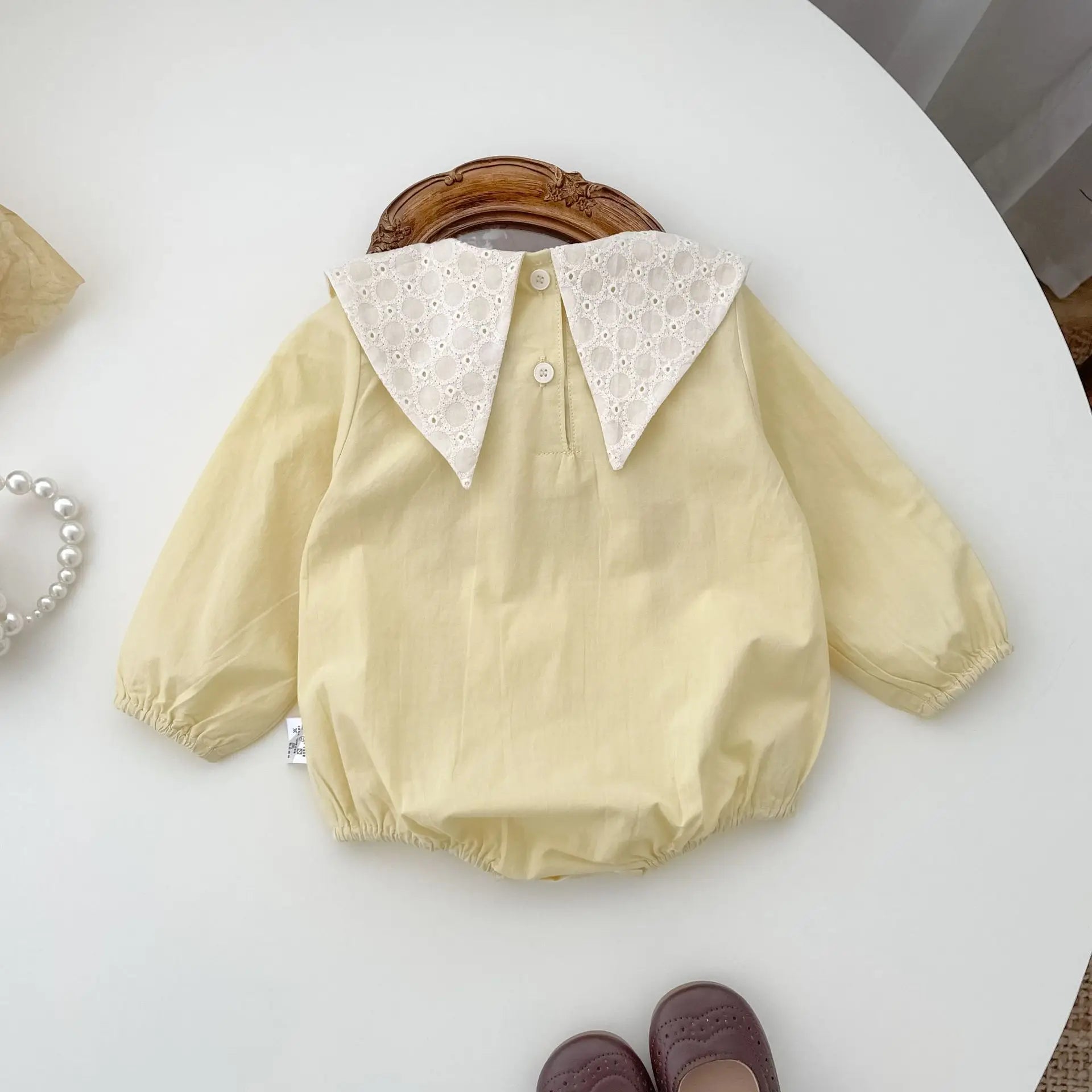 長袖ロンパース Yellow / 24M  90CM ベビーロンパース レース刺繍三角襟リボン長袖ボディスーツ イエロー【mh0006719】