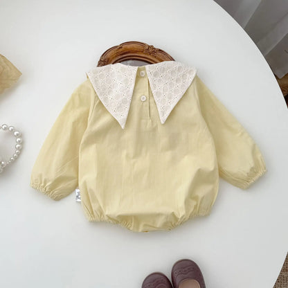 長袖ロンパース Yellow / 24M  90CM ベビーロンパース レース刺繍三角襟リボン長袖ボディスーツ イエロー【mh0006719】