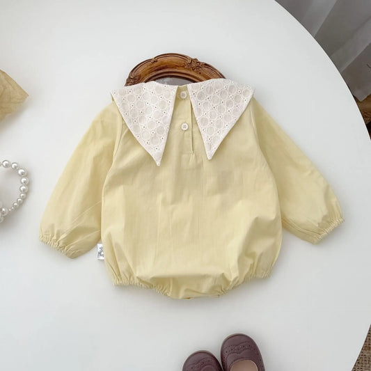 長袖ロンパース Yellow / 24M  90CM ベビーロンパース レース刺繍三角襟リボン長袖ボディスーツ イエロー【mh0006719】
