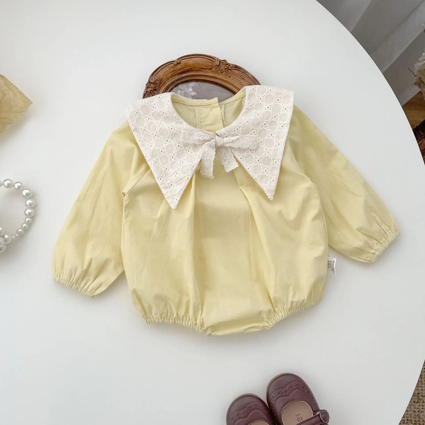 長袖ロンパース Yellow / 24M  90CM ベビーロンパース レース刺繍三角襟リボン長袖ボディスーツ イエロー【mh0006719】