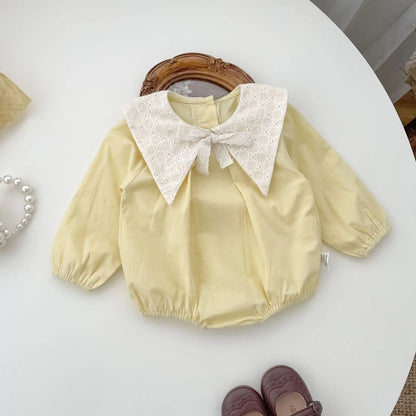 長袖ロンパース Yellow / 24M  90CM ベビーロンパース レース刺繍三角襟リボン長袖ボディスーツ イエロー【mh0006719】