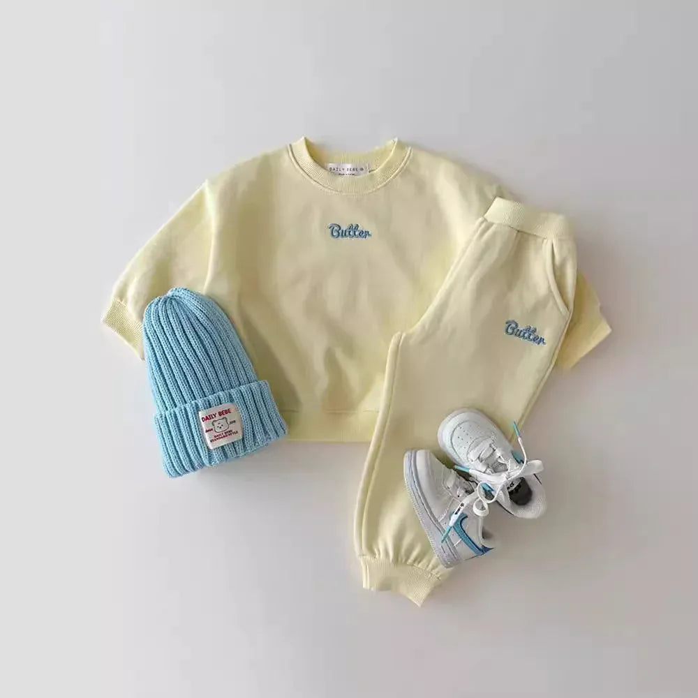 長袖セットアップ yellow 2pc / 80cm 9-12m キッズセットアップ 2点セット スウェットシャツ+スウェットパンツ トレーナー レターロゴ刺繍 3カラー
