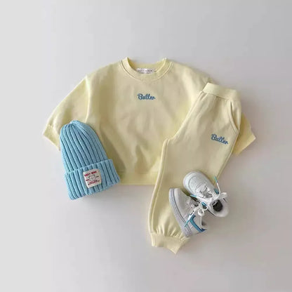 長袖セットアップ yellow 2pc / 80cm 9-12m キッズセットアップ 2点セット スウェットシャツ+スウェットパンツ トレーナー レターロゴ刺繍 3カラー