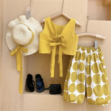 ノースリーブセットアップ Yellow / 2T 90cm キッズセットアップ 3点セット バックリボンノースリーブトップス+水玉ドットプリントルーズロングパンツ+麦わら帽子 マスタードイエロー【mh0006120】