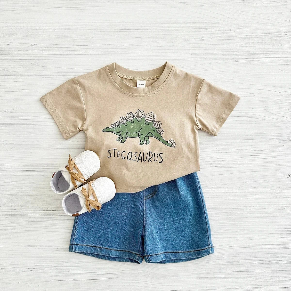 半袖セットアップ Yellow / 6-9M 66cm ☺︎ ベビーセットアップ 2点セット 半袖Tシャツ+デニムショートパンツ ダイナソー恐竜プリント