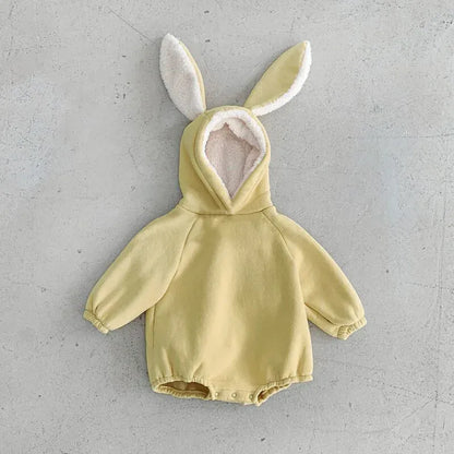 長袖ロンパース Yellow / 65cm ベビーロンパース うさ耳フーディ裏ボアフリースボディスーツ 4カラー【mh0007749】