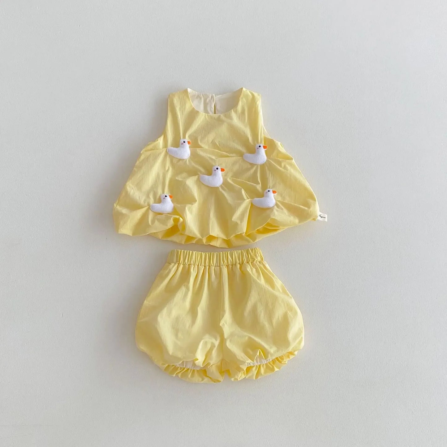 ノースリーブセットアップ yellow / 66cm 0-6m ベビーセットアップ 2点セット ノースリーブチュニックブラウス+バルーンショートパンツ リボン/あひる 2カラー