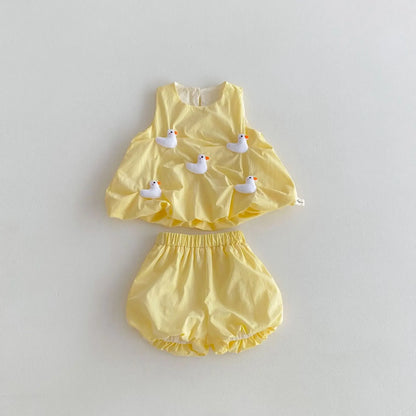 ノースリーブセットアップ yellow / 66cm 0-6m ベビーセットアップ 2点セット ノースリーブチュニックブラウス+バルーンショートパンツ リボン/あひる 2カラー