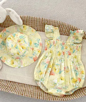 ノースリーブロンパース Yellow / 66cm 0-6m ベビーロンパース ノースリーブシャーリングボディスーツ＋帽子セット フラワー花柄プリント【mh0005107】