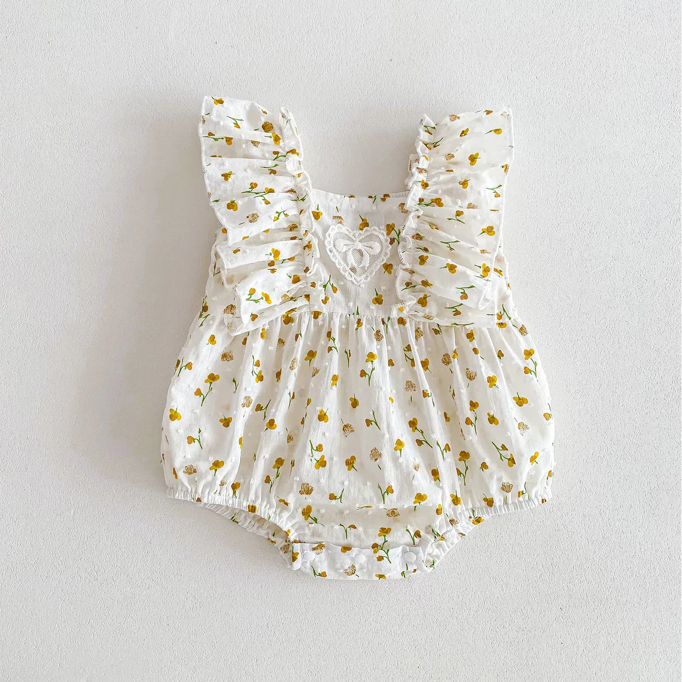 ノースリーブロンパース Yellow / 66cm ☺︎ ベビーロンパース ラッフルフリル ノースリーブボディスーツ フラワー花柄プリント 2カラー