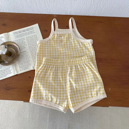 ノースリーブセットアップ yellow / 66cm / 取り寄せ（3〜14日） ☺︎ ベビーセットアップ 2点セット キャミソールトップス+ショートパンツ チェック インナーウェア