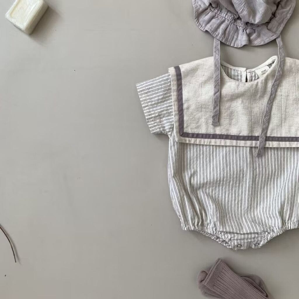 半袖ロンパース Yellow / 66cm ベビーロンパース ストライプセーラーカラー半袖ボディスーツ【mh0009153】