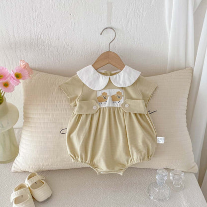 半袖ロンパース Yellow / 66cm ひつじ刺繍丸襟ボーダー半袖ロンパース【mh0009759】