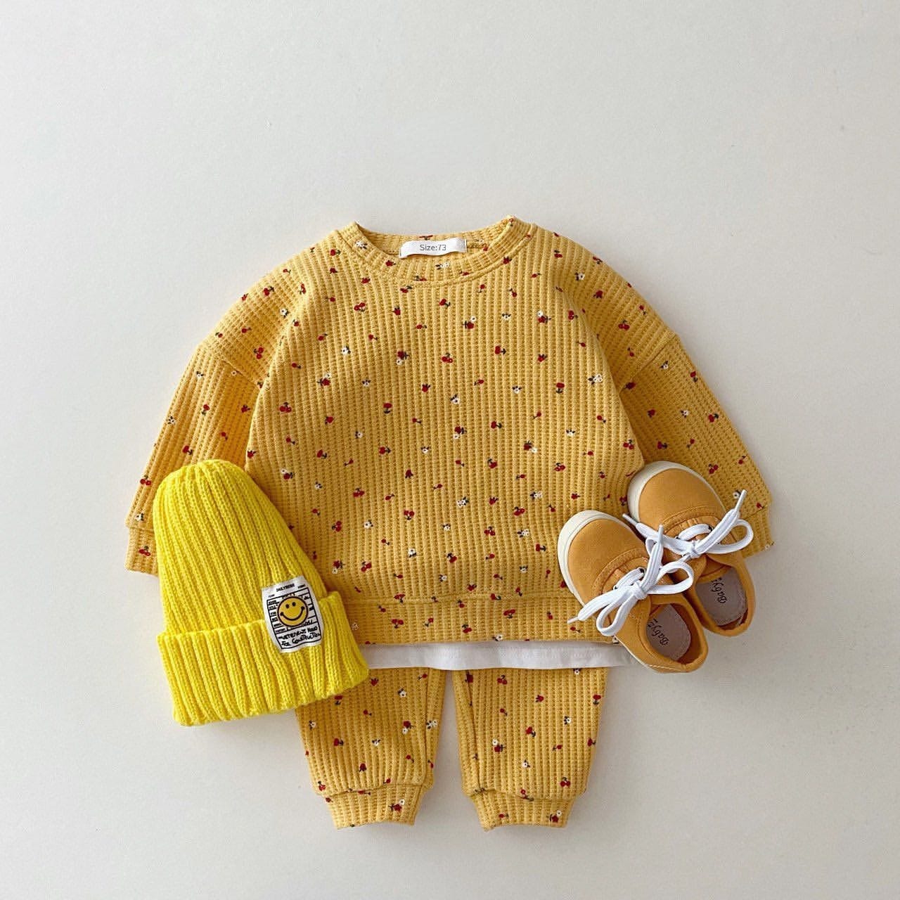 長袖セットアップ yellow / 66cm ☺︎ ベビー セットアップ 長袖Tシャツ パンツ ワッフル 花柄 フラワープリント アプリコット ピンク イエロー 3カラー ユニセックス 男の子 女の子 子供服
