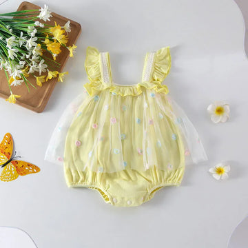 ノースリーブロンパース Yellow / 6M 66cm ベビーロンパース キャミソールチュチュチュールスカートボディスーツ フラワー刺繍 2カラー【mh0006171】