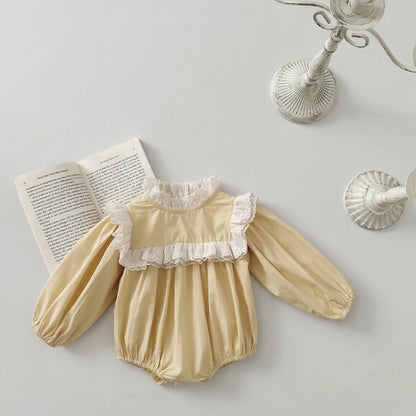 長袖ロンパース Yellow / 6M  66CM ベビーロンパース 長袖パフスリーブボディスーツ レーススタンドカラー イエロー【mh0004668】