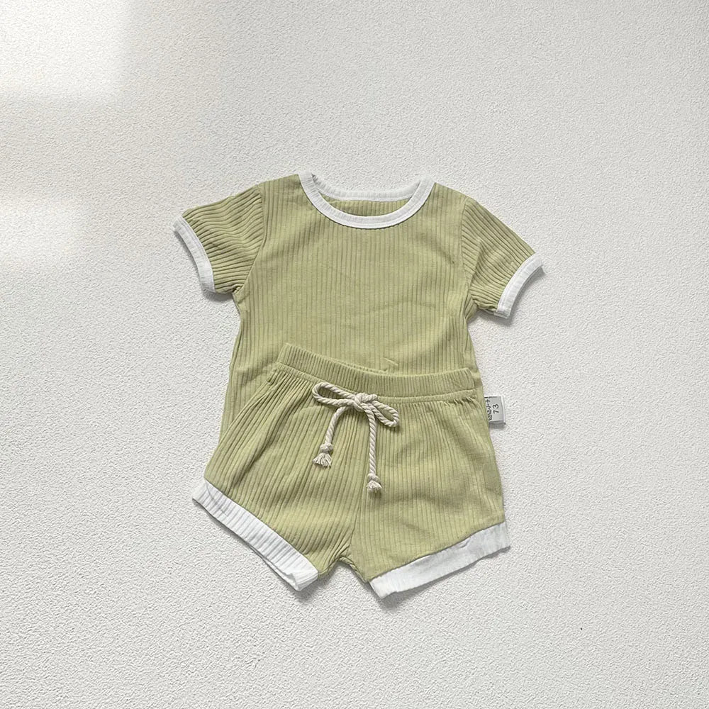 半袖セットアップ yellow / 73cm ベビーセットアップ 2点セット 半袖Tシャツ+ショートパンツ シンプルベーシック 無地/ボーダー 5カラー