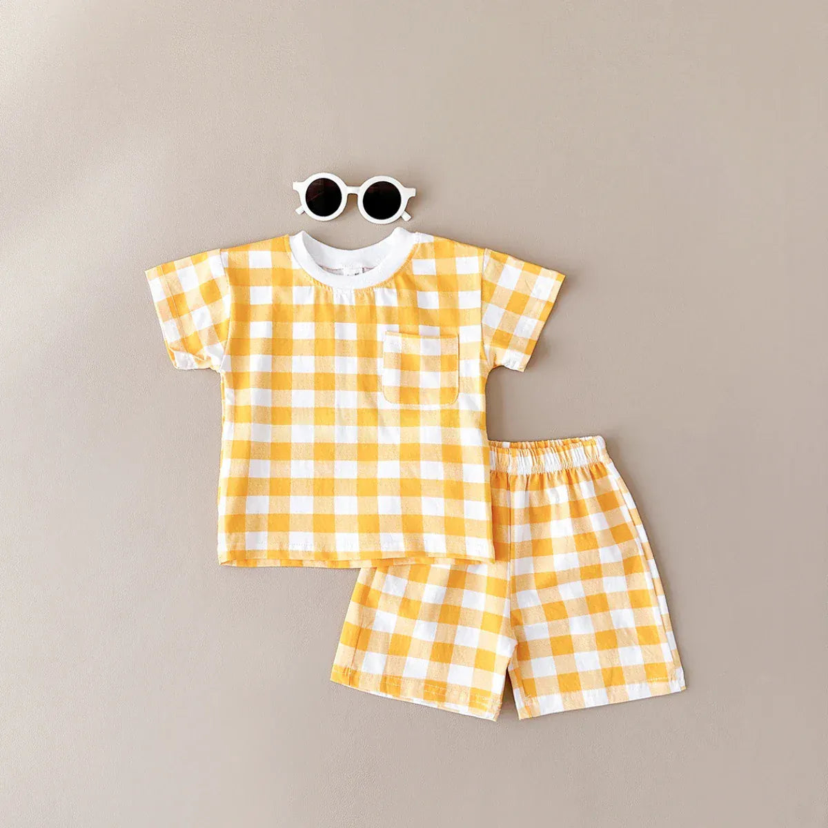 半袖セットアップ Yellow / 73cm ベビーキッズセットアップ 2点セット 半袖Tシャツ+ショートパンツ チェック/カラフルハートプリント【mh0005638】