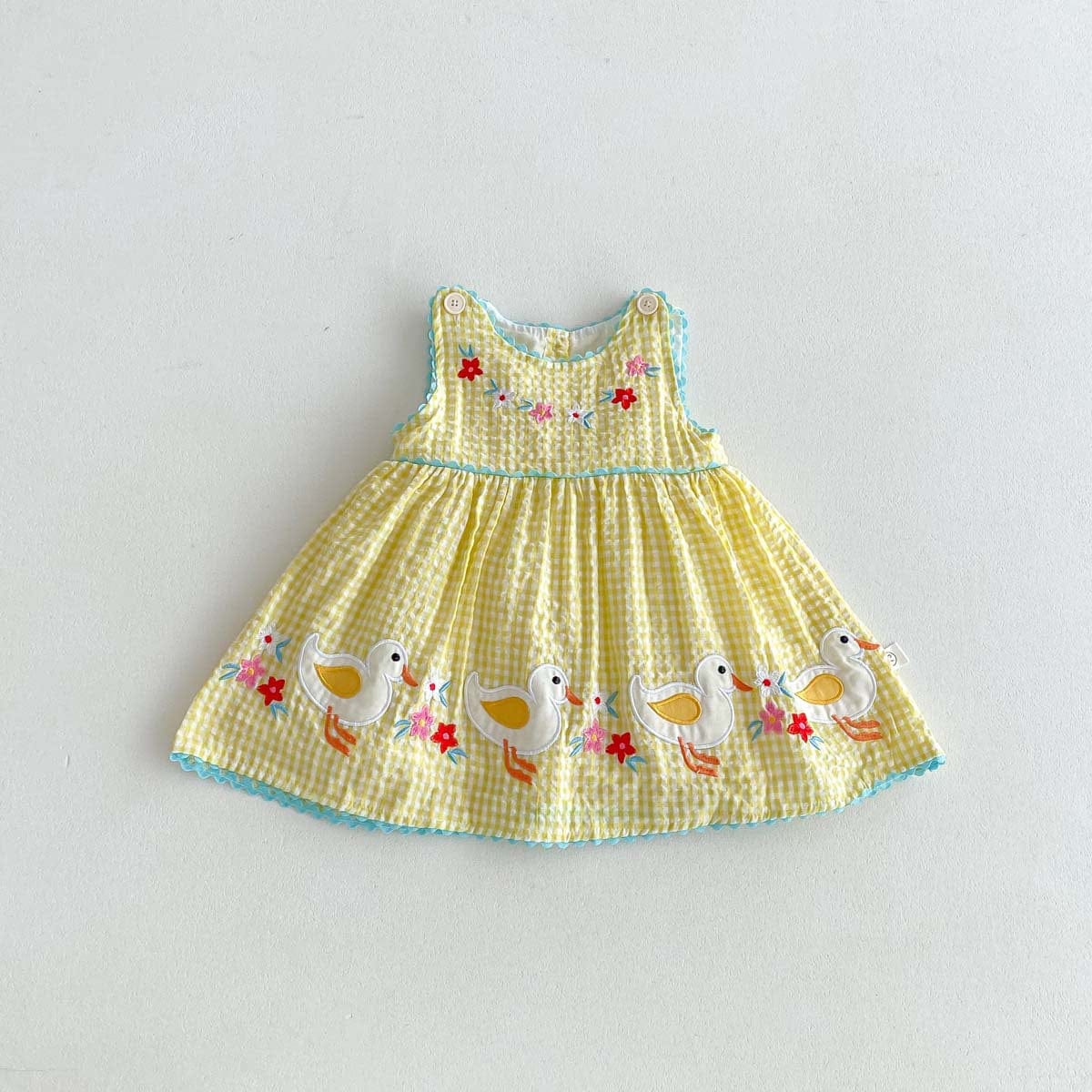 ノースリーブワンピース Yellow / 73cm 鳥アップリケレトロチェックノースリーブワンピース【mh0010316】