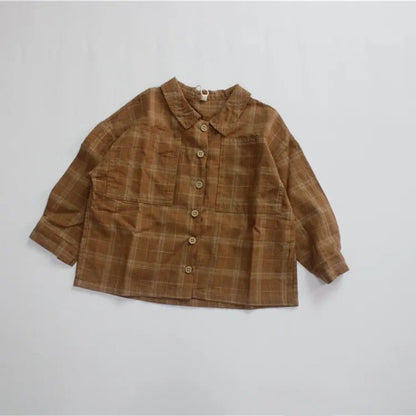 キッズチェック柄長袖シャツ 前開きボタン ブラウン系