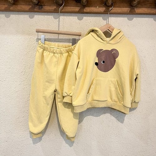 長袖セットアップ yellow / 80cm キッズ スウェット セットアップ くま ベア フーディ パーカー パンツ ユニセックス