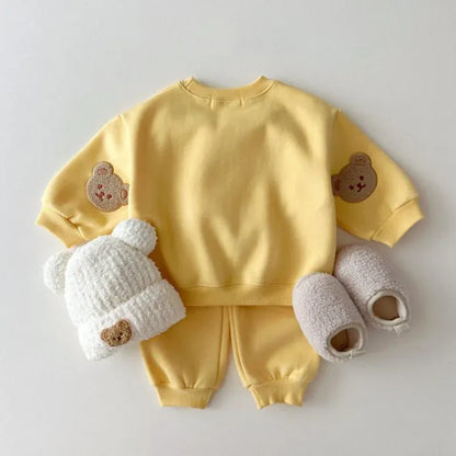 長袖セットアップ yellow / 80cm / 取り寄せ（3〜14日） ☺︎ キッズセットアップ 2点セット スウェットトレーナー スウェットパンツ ベアくまワッペン 6カラー