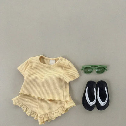 半袖セットアップ yellow / 80cm 9-12m キッズセットアップ 2点セット 半袖フリルTシャツ+フリルショートパンツ パステルカラー 4カラー