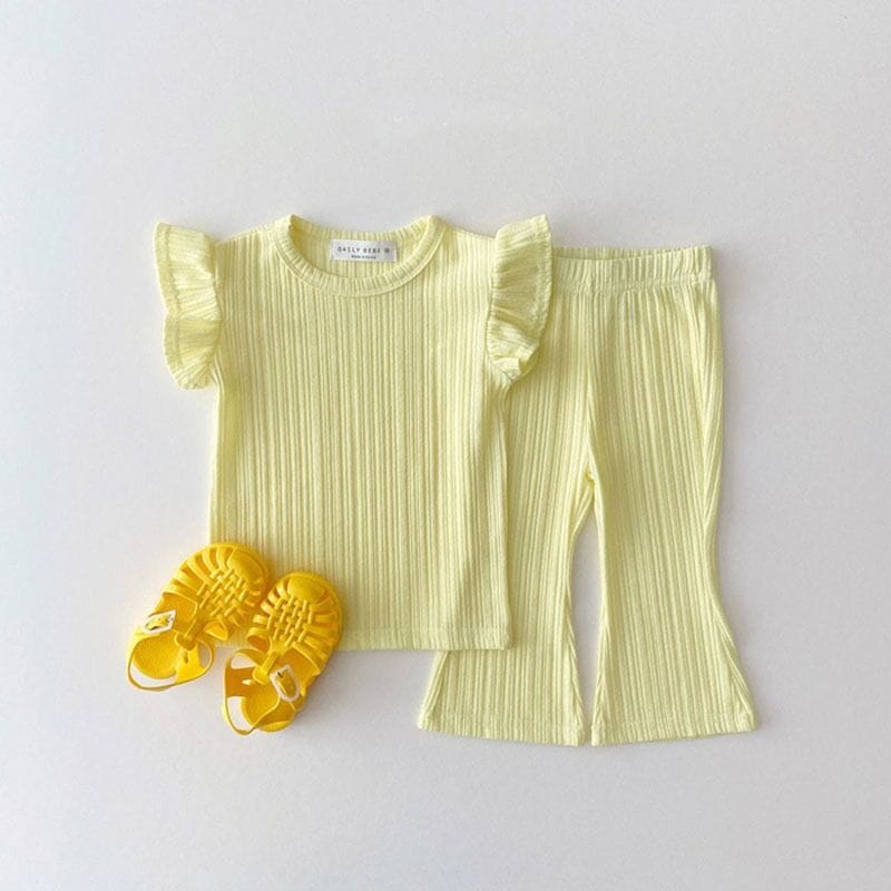 半袖セットアップ Yellow / 80cm キッズ セットアップ 半袖 フリルスリーブ Tシャツ フレア ロングパンツ ガールズ 6535B