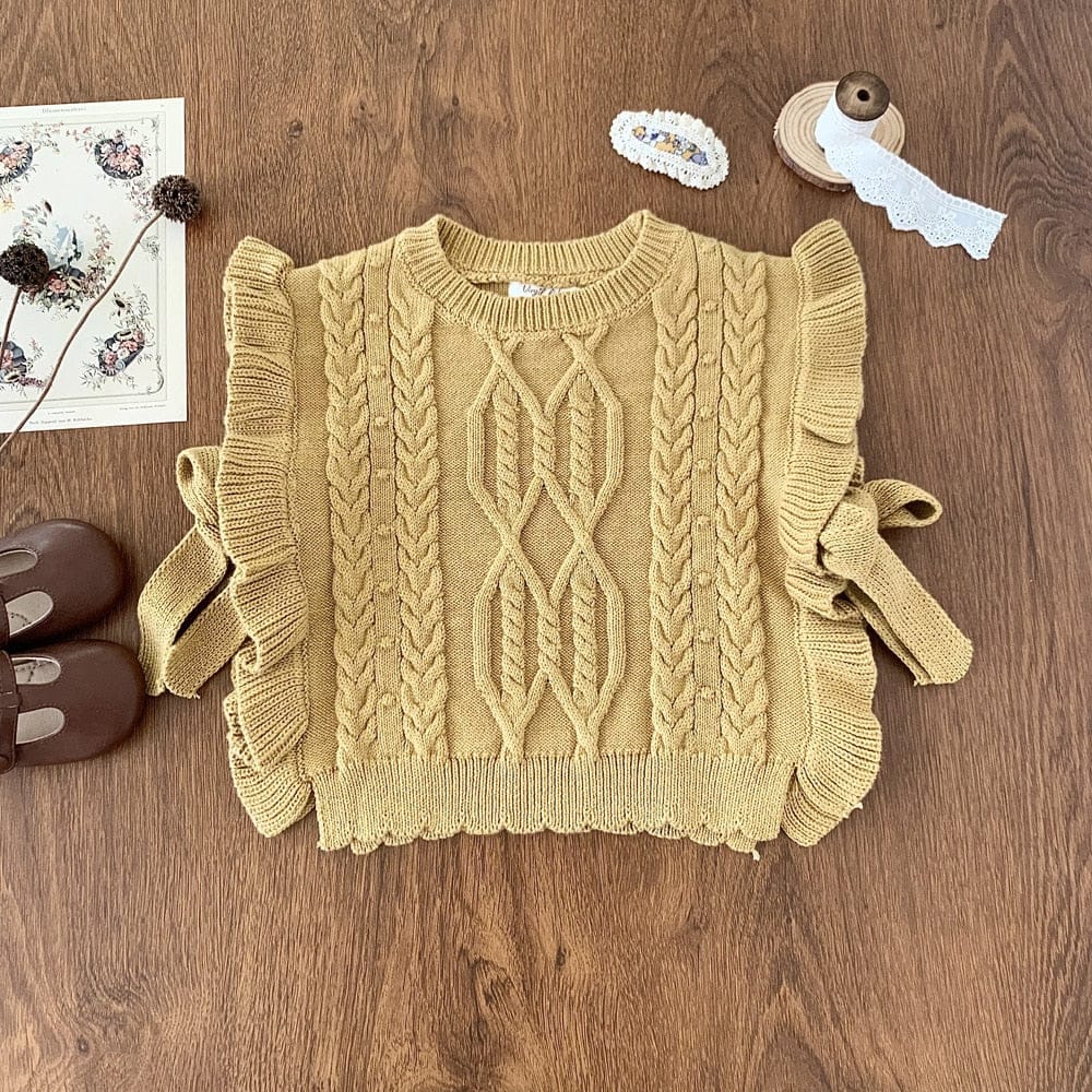 ベスト yellow / 90cm キッズ ニット フリル ベスト ショール ケープ ビブベスト ガールズ