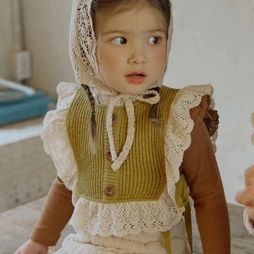 ベスト Yellow / 90cm キッズビブベスト フリル レース ニットベスト 2カラー ガールズ 女の子 子供服