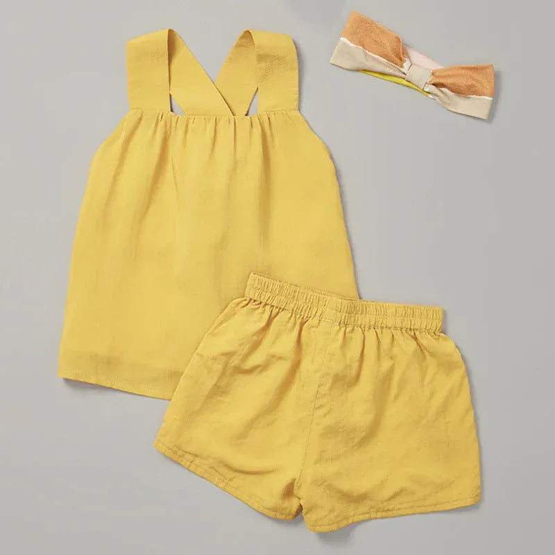 ノースリーブセットアップ Yellow / 90cm キッズセットアップ 2点セット ノースリーブブラウス+ショートパンツ コットンリネン 2カラー【mh0006283】