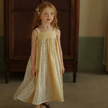 ノースリーブワンピース Yellow / 90cm キッズワンピース キャミソールパッチワークワンピース チェック 2カラー【mh0005704】