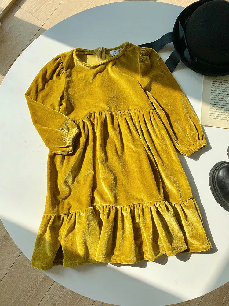長袖ワンピース yellow / 90cm キッズワンピース ベロア調長袖ワンピース パーティドレス お出かけ 4カラー