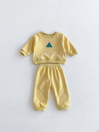 長袖セットアップ Yellow / 9M  73CM ベビーキッズセットアップ 2点セット 長袖スウェットシャツ+スウェットパンツ ラグラン切り替え ワンポイントプリント 2カラー【mh0006368】