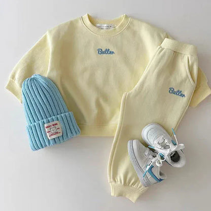 長袖セットアップ Yellow / 9M 73cm ベビーキッズセットアップ 2点セット 長袖スウェットシャツ+スウェットパンツ トレーナー レターロゴ刺繍 パステル4カラー【mh0006476】