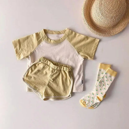 半袖セットアップ yellow / 9M  73cm キッズセットアップ 2点セット パッチワーク カラフル 半袖Tシャツ+ショートパンツ ユニセックス