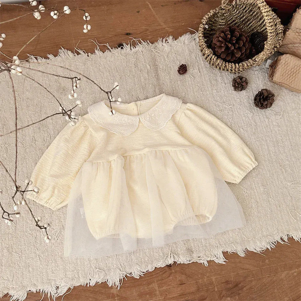 長袖ロンパース Yellow / 9M  73CM ベビーロンパース レース刺繍丸襟チュチュチュールスカートドッキング長袖ドレスボディスーツ【mh0008546】