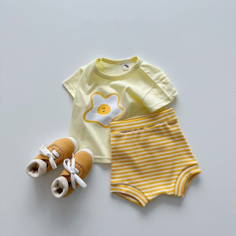 半袖ロンパース yellow / 9M/73cm ベビー キッズ セットアップ 半袖 プリント Tシャツ ボーダー ハイウェスト ブルマパンツ グリーン イエロー ユニセックス